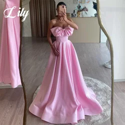 Lily Simple Pink Sweetheart Prom Dresses Sleeveless Evening Dresses with Pleats Bow Satin Party Dresses A-Line Robe De Soirée