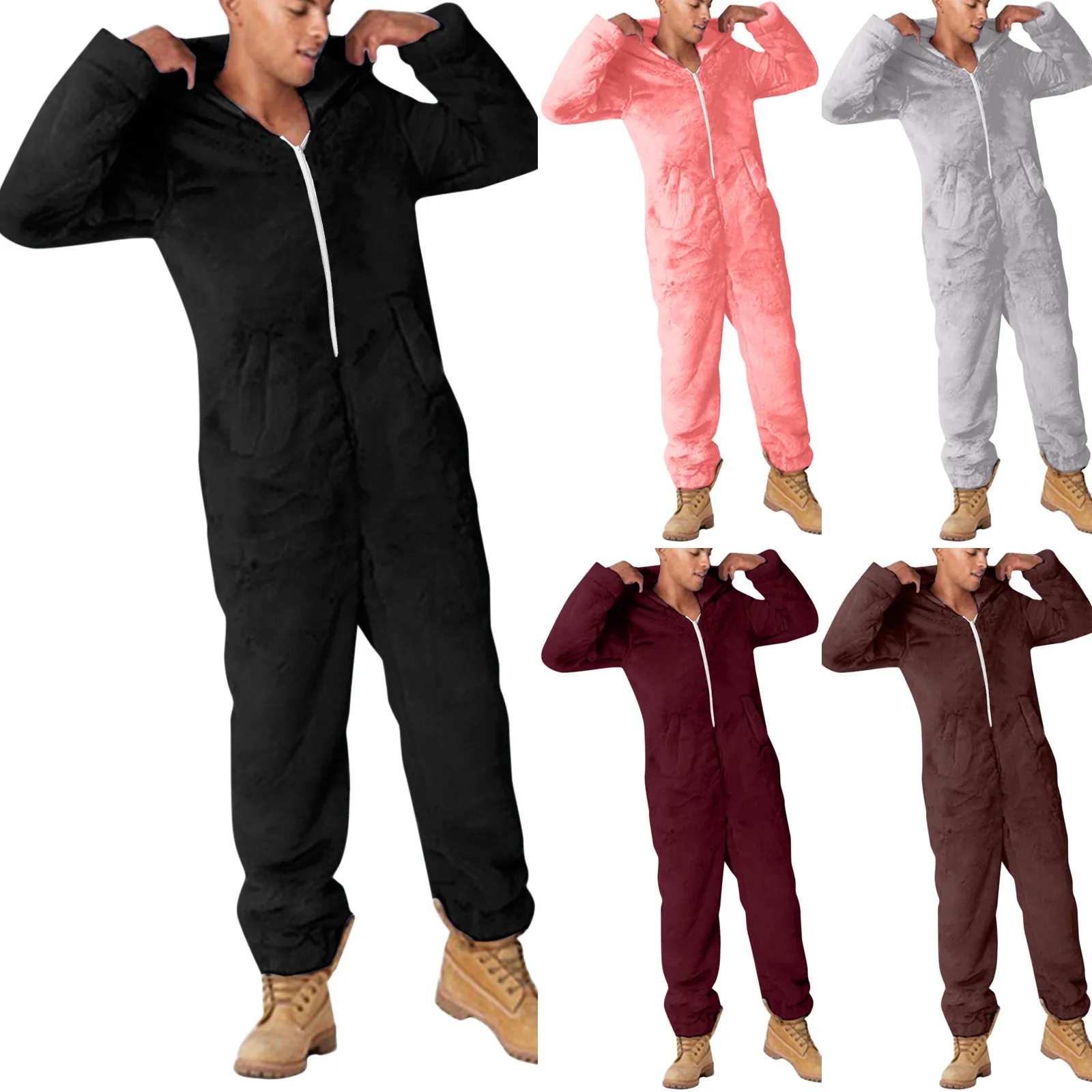 Winter Warm Cute Ears Sleepwear Men Loose Hooded Jumpsuit Casual Pajamas Solid Zipper Artificial Wool Long Sleeve solid Pajamas