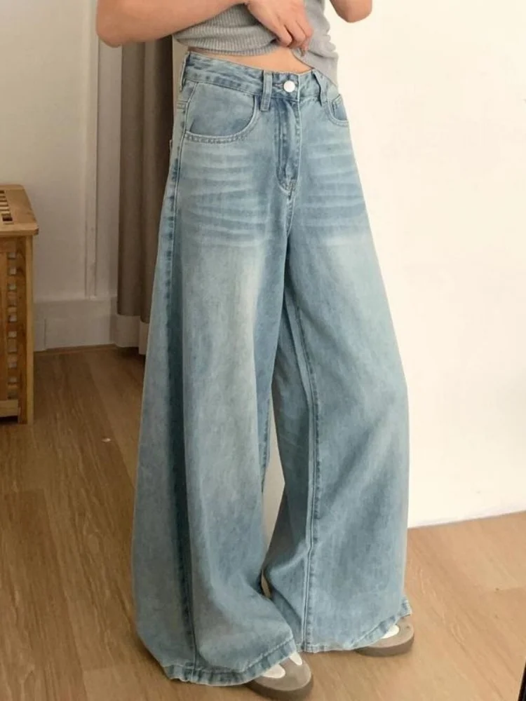 하이웨이스트 와이드 레그 아메리칸 슬레 데님 청바지 여성용 가을 루즈 슬리밍 드레이프 스트레이트 컷 팬츠 캐주얼 웨어