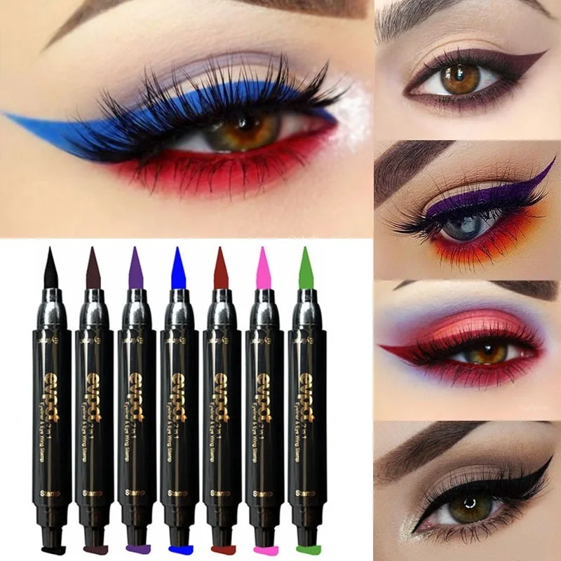 2 In1 Liquid Glitter Eyeliner Stempel Dunne Zeehond Make-Up Zwart Rood Groen Snel Droog Eyeliner Potlood 7 Kleur Blauwbruine Rokerige Ogen