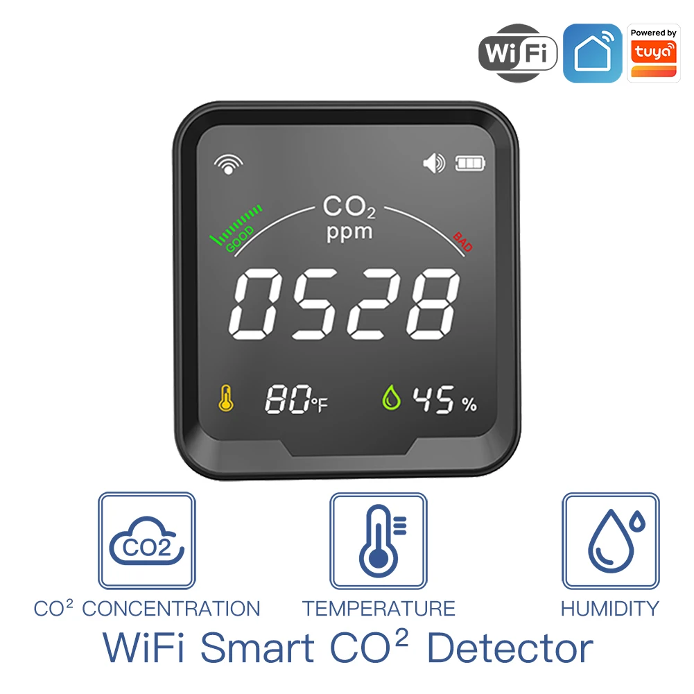 Moes-Smart tuya co2検出器,温度および湿度テスター,3 in 1,波形化モニター,wifiアラーム