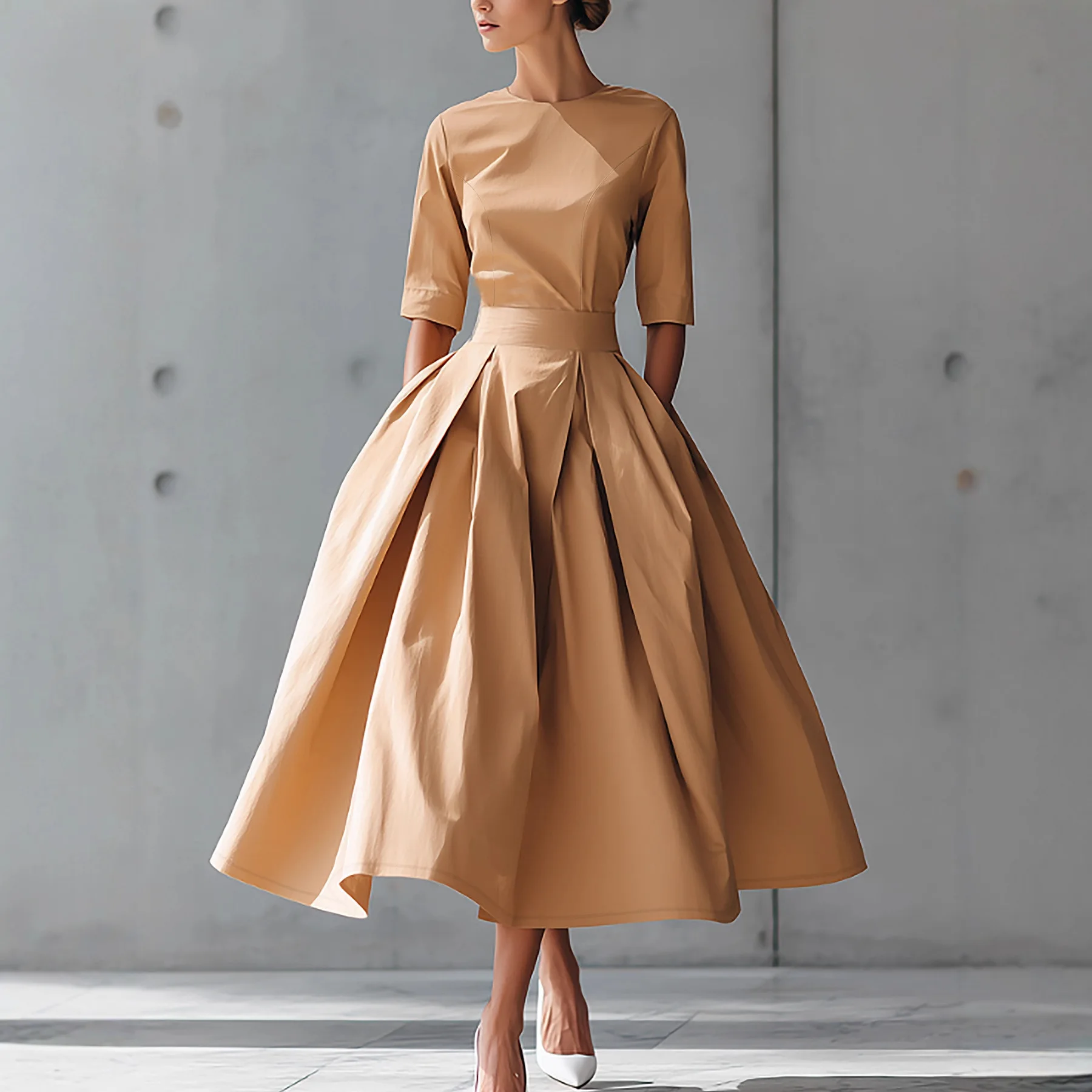 Robe élégante plissée à poches pour femmes, couleur unie, col rond, minimaliste, ligne a plissée, taille haute, robe d'invitées de mariage