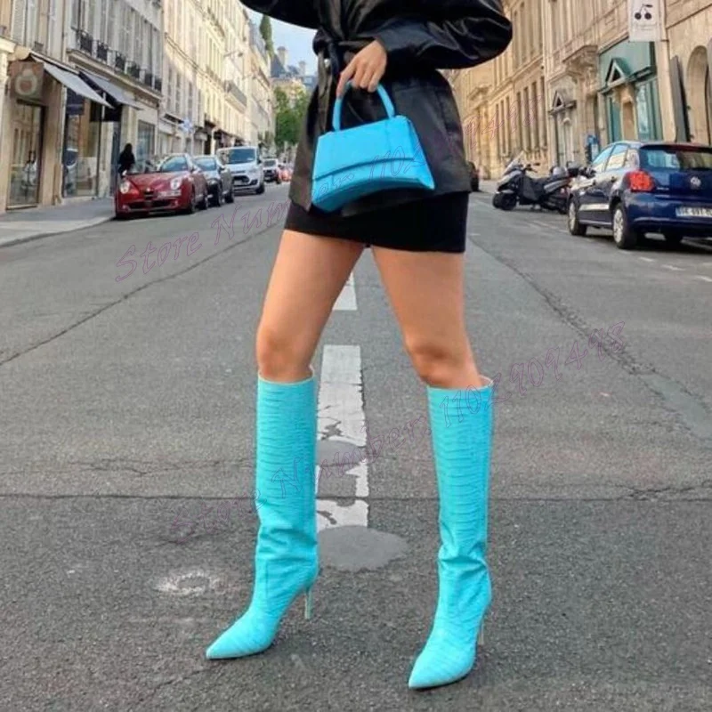 Botas hasta la rodilla de piel de cocodrilo azul Para mujer, Zapatos de punta estrecha, tacones altos de aguja, Zapatos sexys Para mujer, 2024