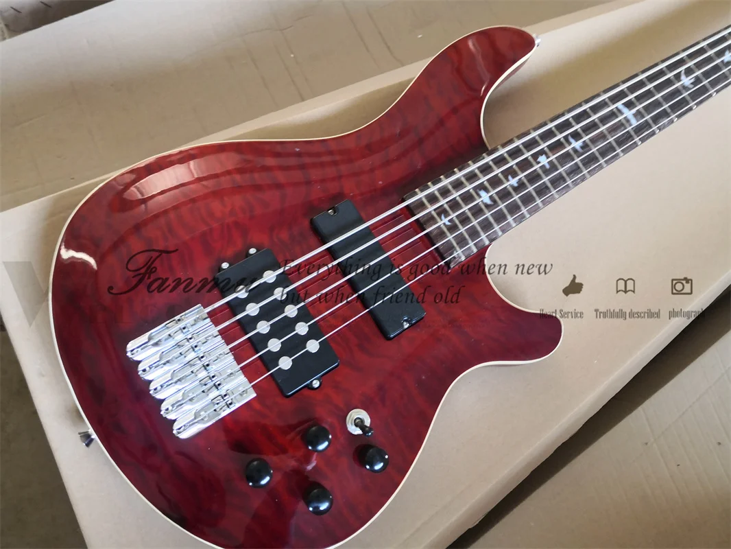 5 strings bass guitar  wine red bass single bridge basswood body quilted maple top white binding active battery