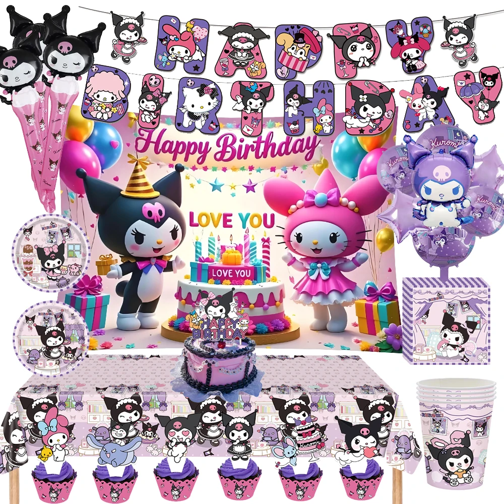 

Kuromi Theme Birthday Party Decoration Sanrio Disposable Tableware Background Tablecloth Cup Plate Balloon Baby Shower Supplies