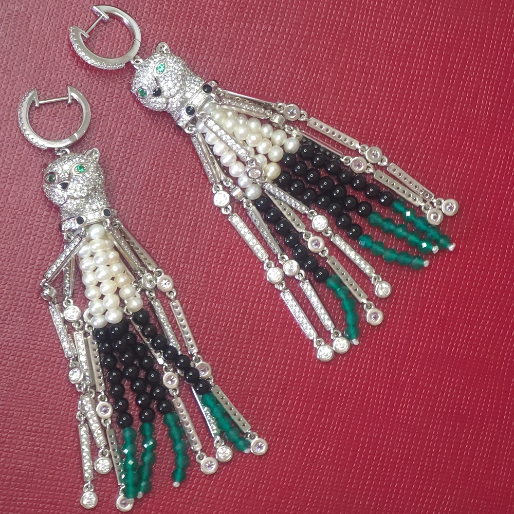 

ARIGAYA Стерлингового Серебра 925, черная эмаль, пантера, жемчуг, зеленый агат, длинные серьги с кисточками, леопардовые украшения для женщин