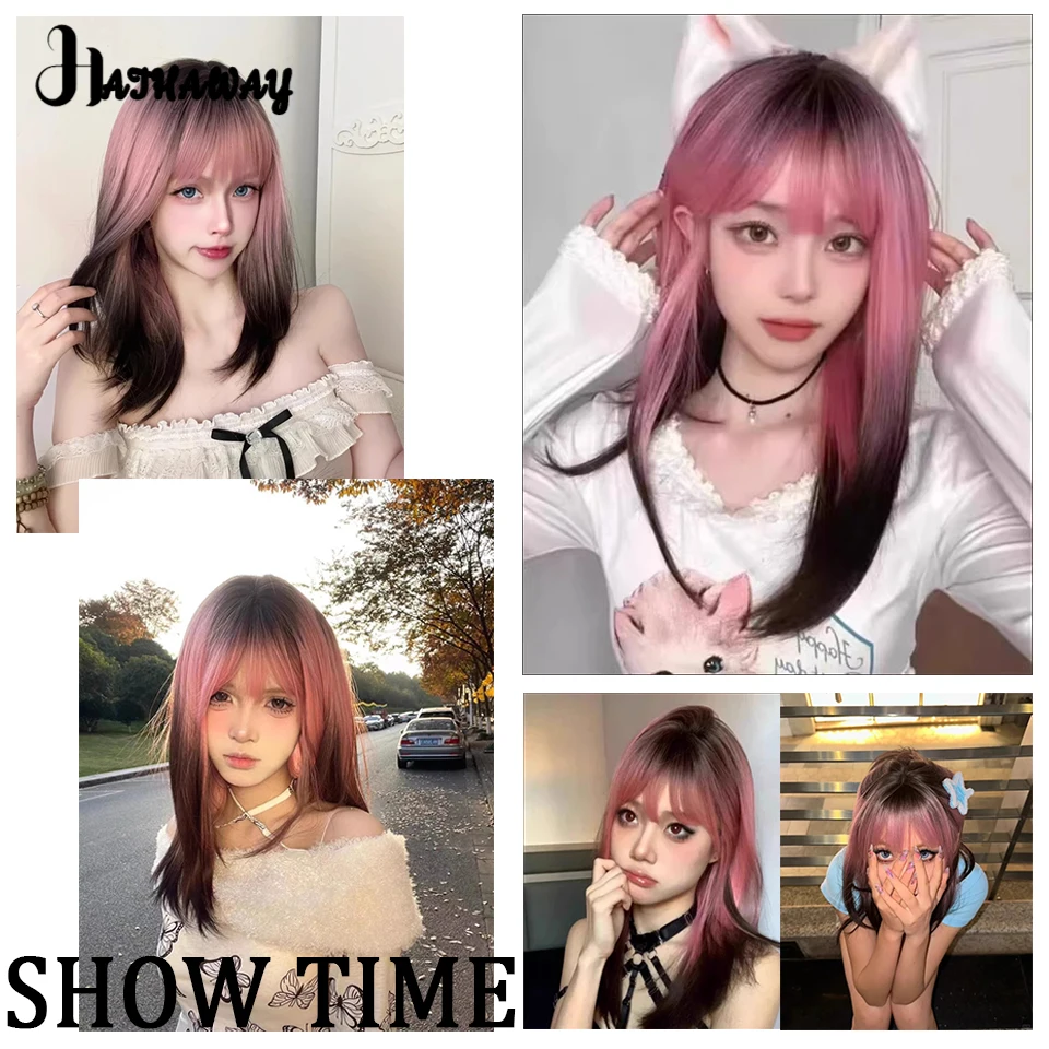 Synthetic Wig Small Lace Black And Brown Gradient Dark Blue Eight-character Bangs Long Vacation Hair Female Wolf Tail Gradient