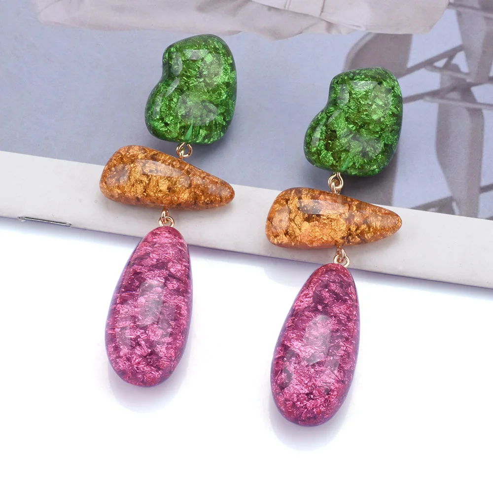 2026 جديد ملون الأخضر روز الراتنج الثلاثي طويل استرخى أقراط النساء الهندي بوهو العرقية بيان كبير قطرة الماء القرط مجوهرات