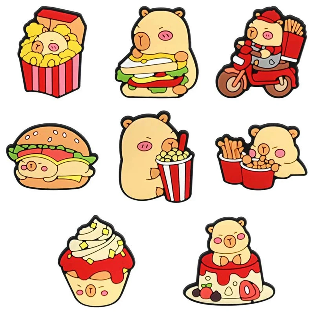 5-8PCS Cartoon Hamburger Fries capybara Food Shoe Charm Wholesale PVC Decor Buckle Clog Detachable DIY Waterproof To party Gift
