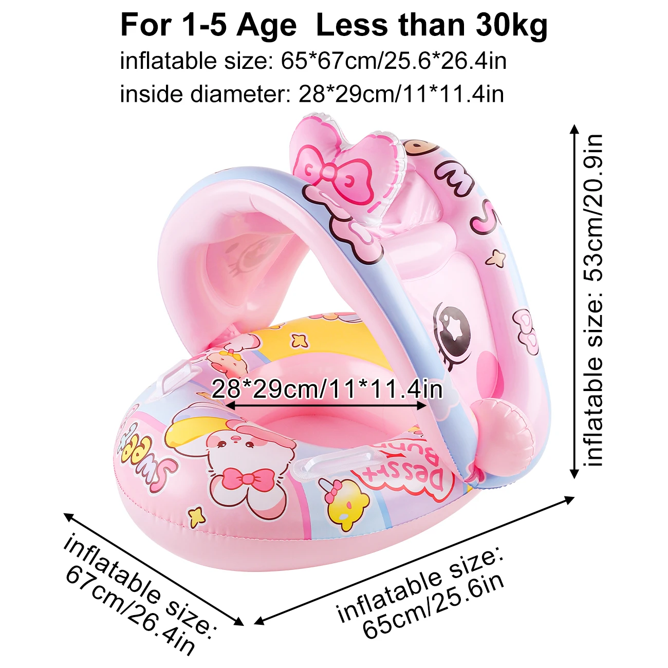 Tumbona inflable con sombrilla rosa de conejito bonito, anillo de natación con reposabrazos esencial de verano para niños menores de 30KG, 1 ud.