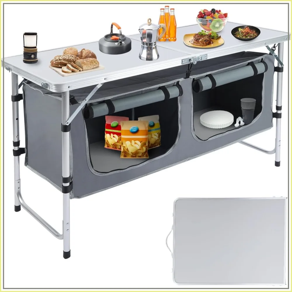 

Outdoor Folding Camping Table with Storage, Portable Aluminum Composite Panel, 3 Adjustable Heights, for BBQ, Picnic, Beach
