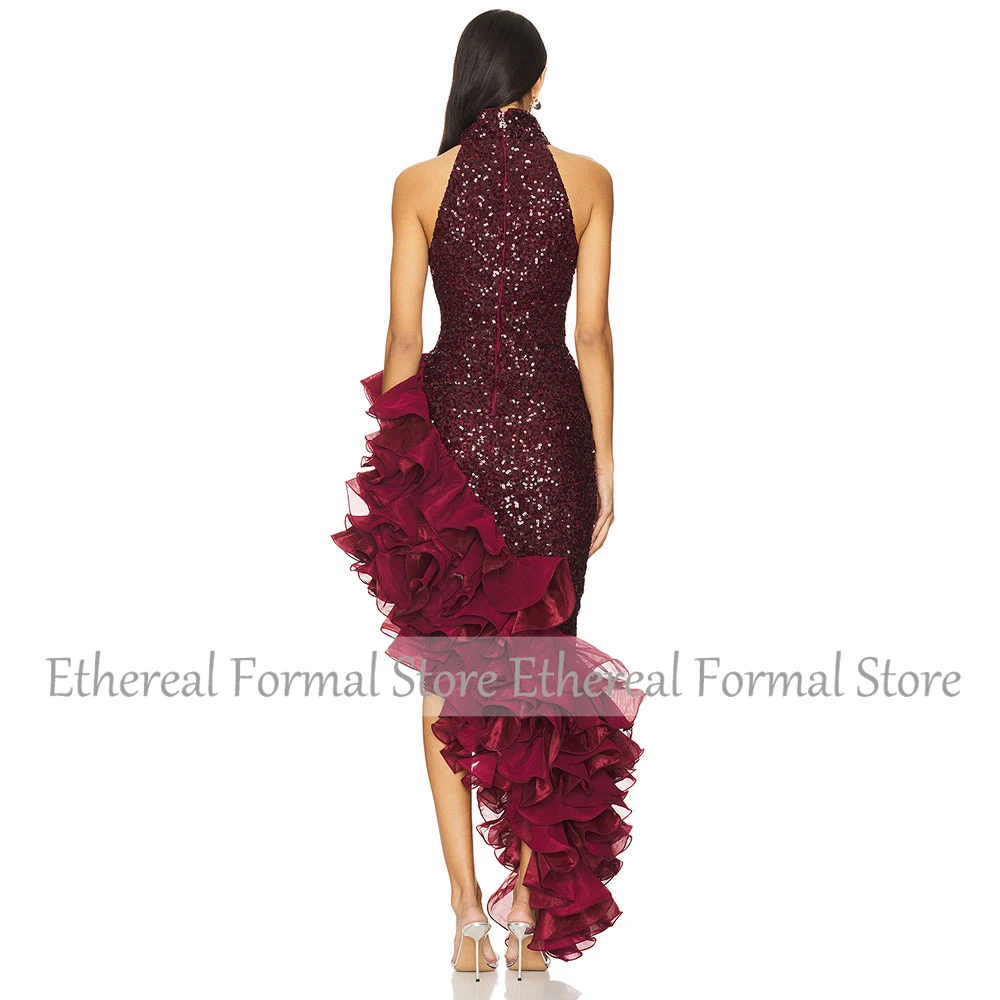 Burgunderrotes glitzerndes Pailletten-Meerjungfrau-Damen-Abendkleid, einschultriges Ballkleid, ärmellos, formelles Partykleid, Rüschen, bodenlang