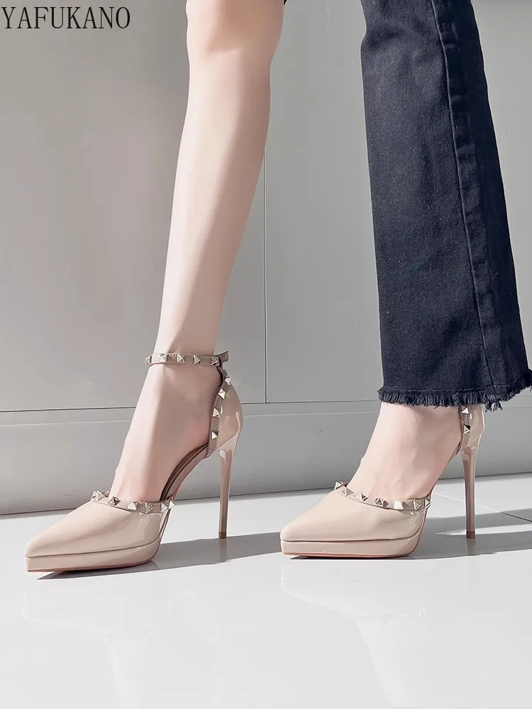 Waterproof Platform Hollowed One-word Buckle Rivets High Heels Women's Thin Heels Shoes Pointed Toe Nude Color Sexy Sandals 10CM