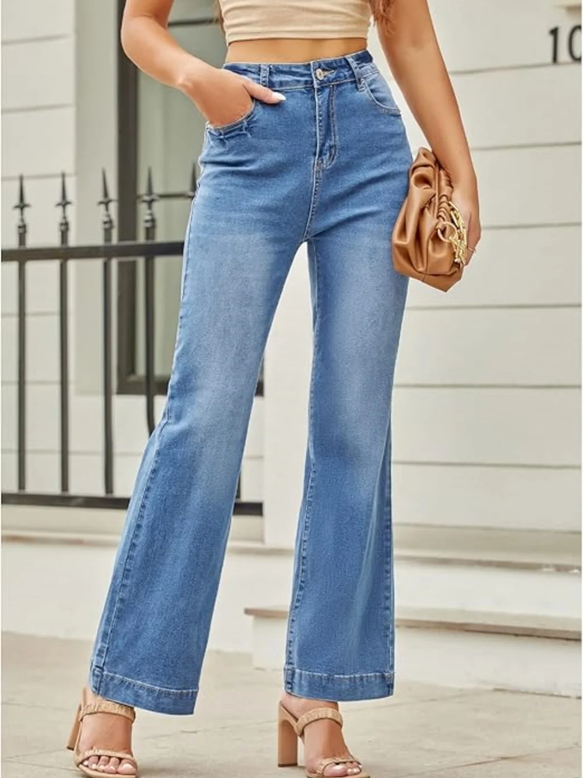 Vintage Pockets Flare Jeans Women High Waisted Wide Leg Baggy Stretch Denim Pants Y2k Long Trousers Fashion Trendy Streetwear