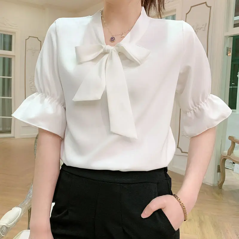 

Vintage Bow Patchwork Tops Tees Summer New Short Sleeve Solid Color Pleated Loose Office T Shirts Elegant Fashion Women Clothing