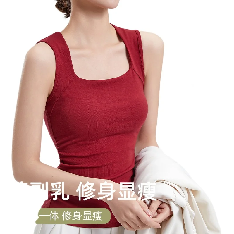 

Cotton Chest Pads Spice Girl Square Collar Slim Vest One Piece Sleepwear Pajamas Women Sleeveless Bottoming Top Base Shirt