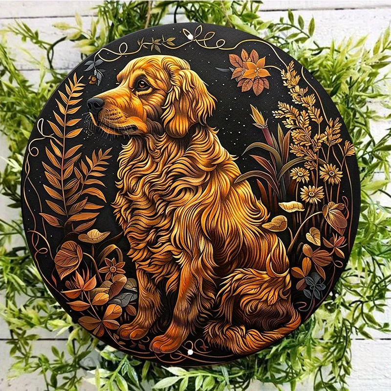

Golden Retriever Silhouette Dog Metal Sign, Round Aluminum Wall Decor with HD Printing, Weather Resistant, 8x8 Inch