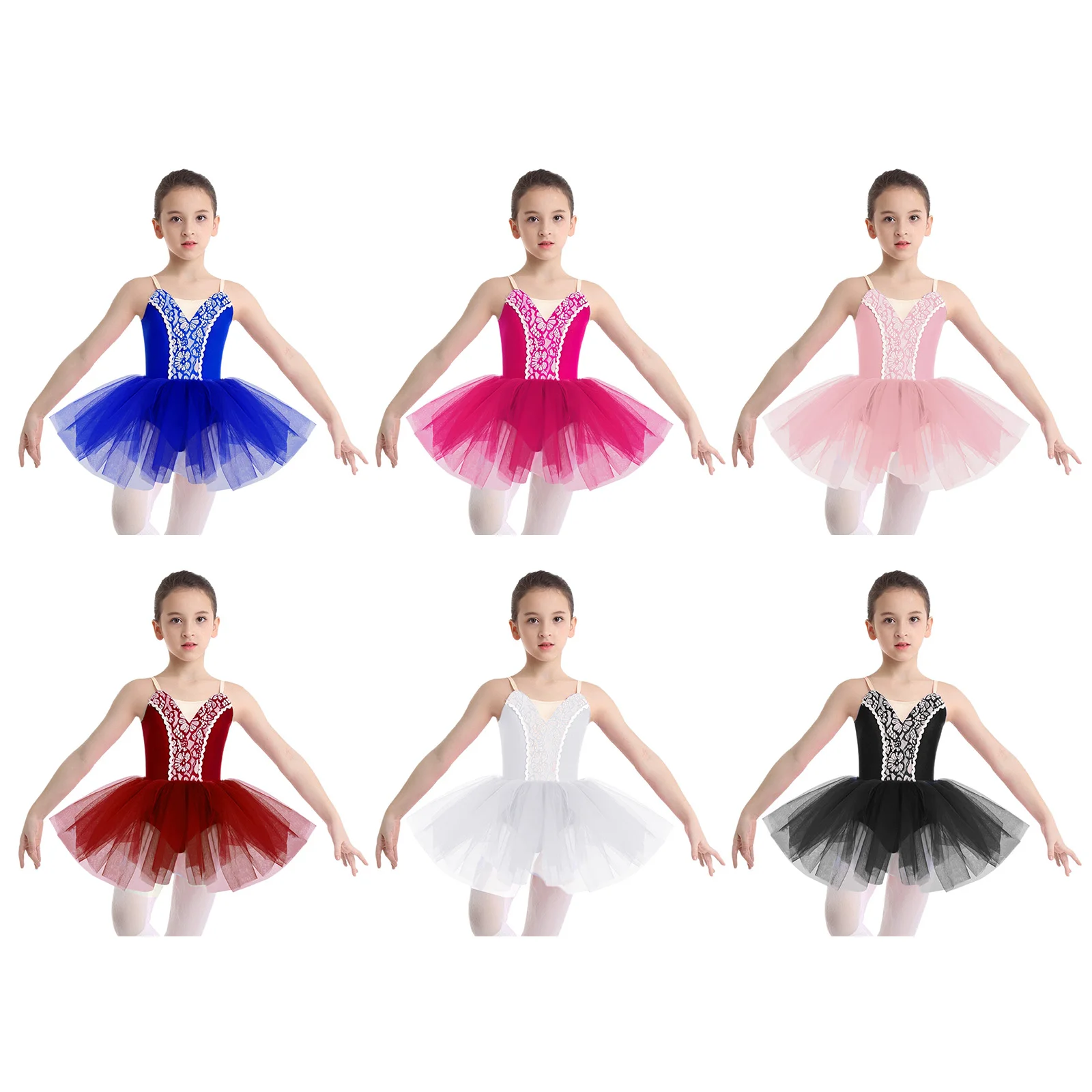 Abito da ballo per balletto per bambina, senza maniche, regolabile, con spalline sottili, in pizzo sul davanti, tutù, balletto, pattinaggio di figura, abbigliamento da ballo