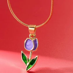 Purple Flower Green Leaf Pendant Necklace For Women Tulip Flower Girls Cute Necklace Gorgious Daily Wear Fashion Jewelry
