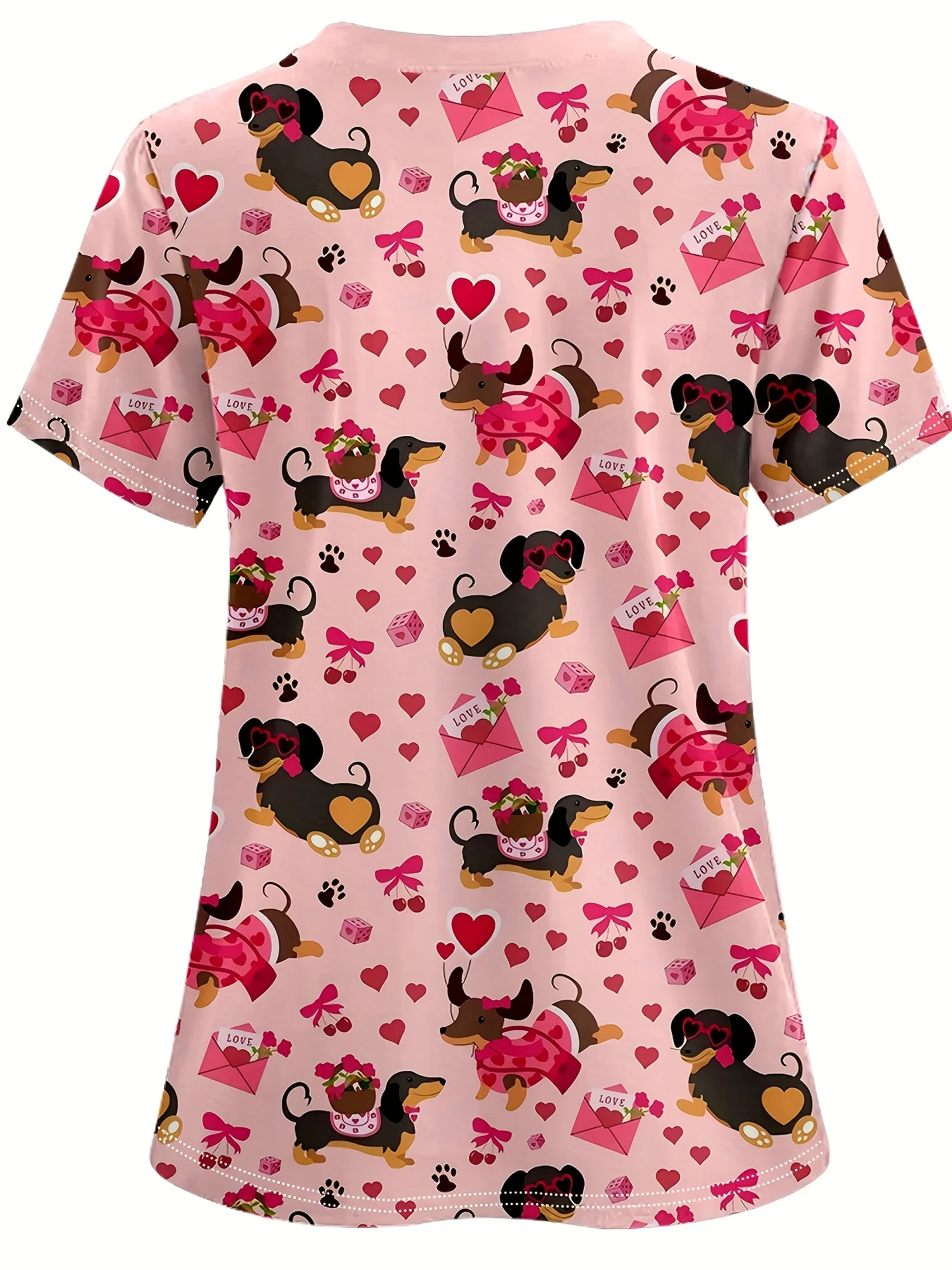 بلوزة نسائية لطيفة بطباعة Dachshund ورقبة على شكل حرف V وأكمام قصيرة مع تصميم بطباعة مخالب على شكل قلب وجيوب مثالية للممرضات ملابس الصيف