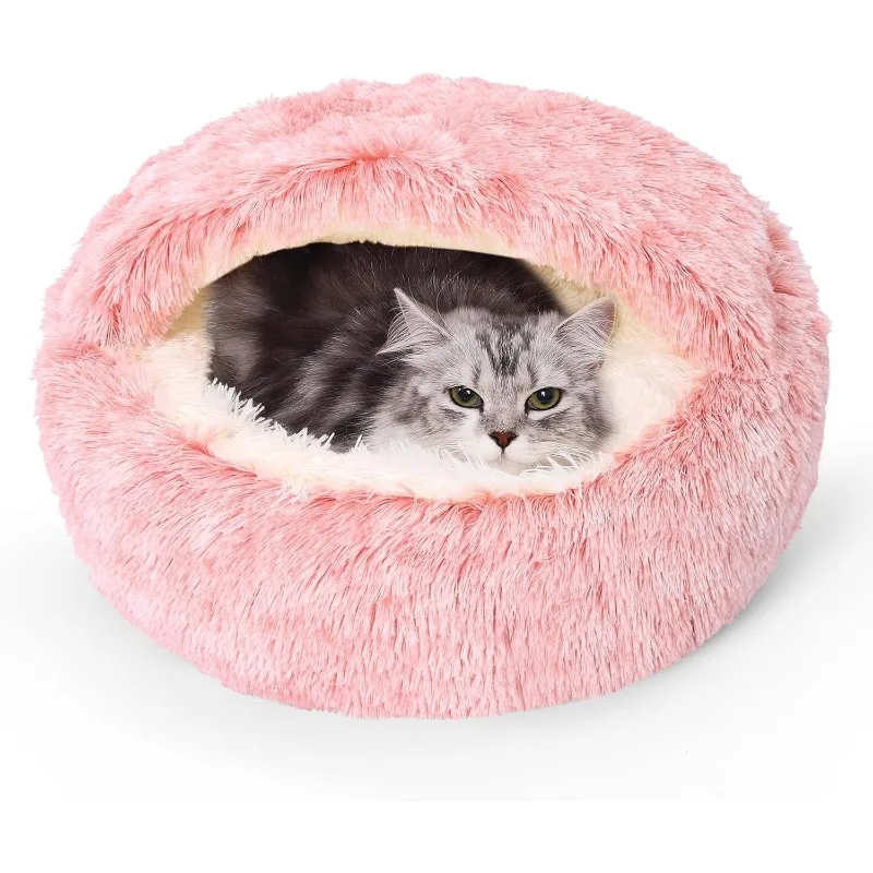 Calming Dog Beds & Cat Cave Bed with Hooded Cover,Removable Washable Round Beds for Small Medium Pets,Anti-Slip Faux