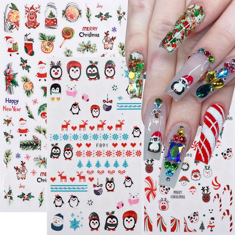 Christmas Nail Stickers Waterproof Self-adhesive Cartoon Santa Claus Snowflake Penguin Nail Art Decals DIY Manicuring Decoration