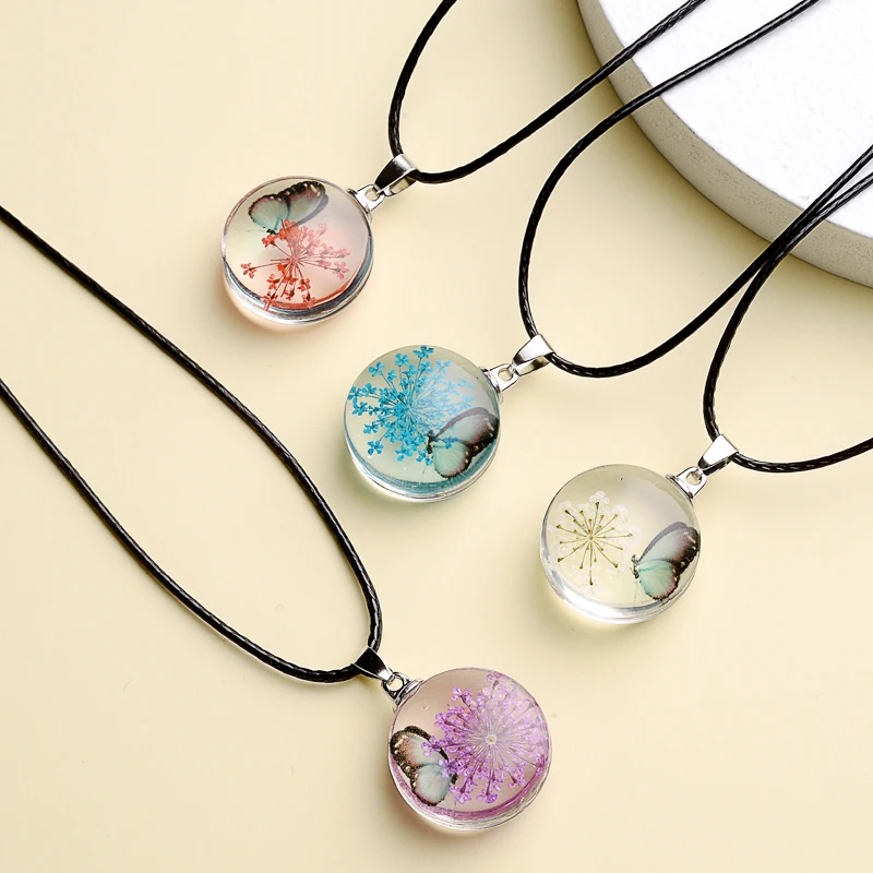 Fahion Glass Charm Real Dried Flower Pendant Necklace Transparent Butterfly Flower Pendant Necklace For Women Jewelry