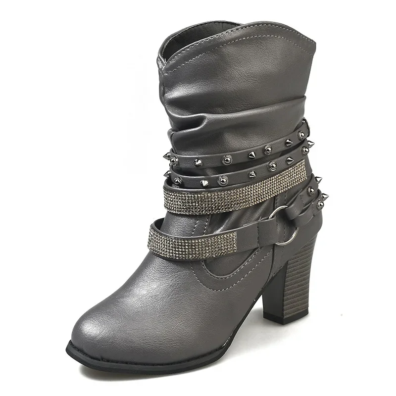 Plus Size 34-48 Autumn Platform Crystal High Heel Hollow Ankle Boots for Women Buckle Strap Rivet Ornament Plus Size Trend Botas
