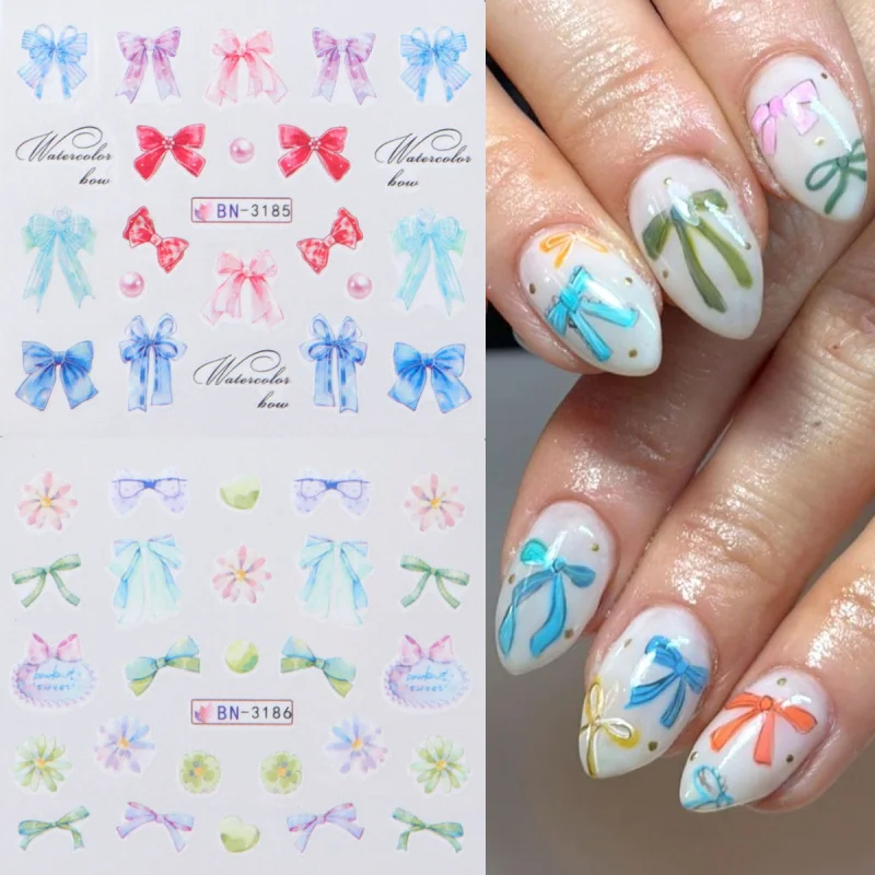 12pcs Colorful Bow Nail Water Stickers Watercolor Bowknot Designs Decals Valentine Nail Art Decorations Foils Manicure Wraps