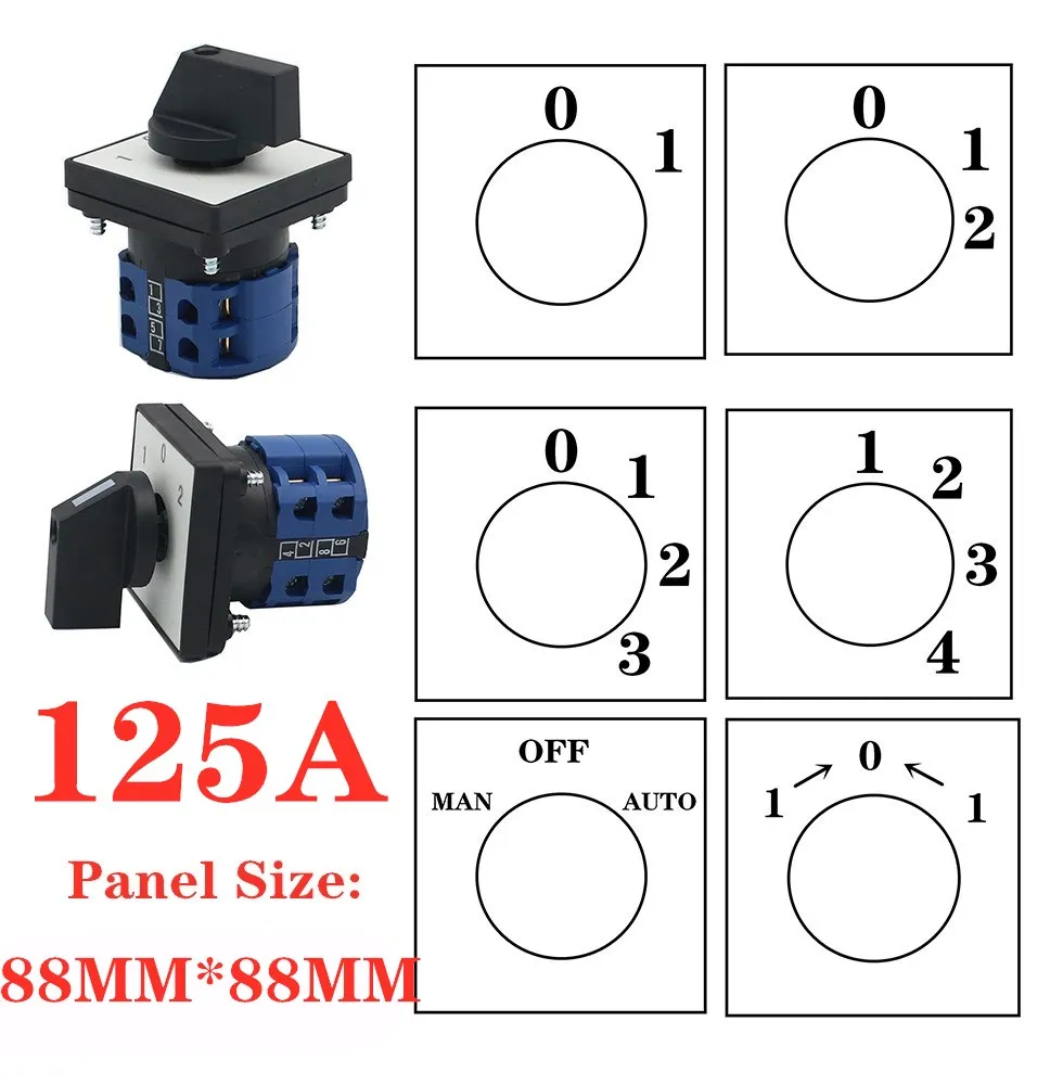 

LW28 125A 1/2/3/4/5/6/7 Phase 4/8/12/16/20/24 screw terminal 3 position Universal changeover cam switch silver contact