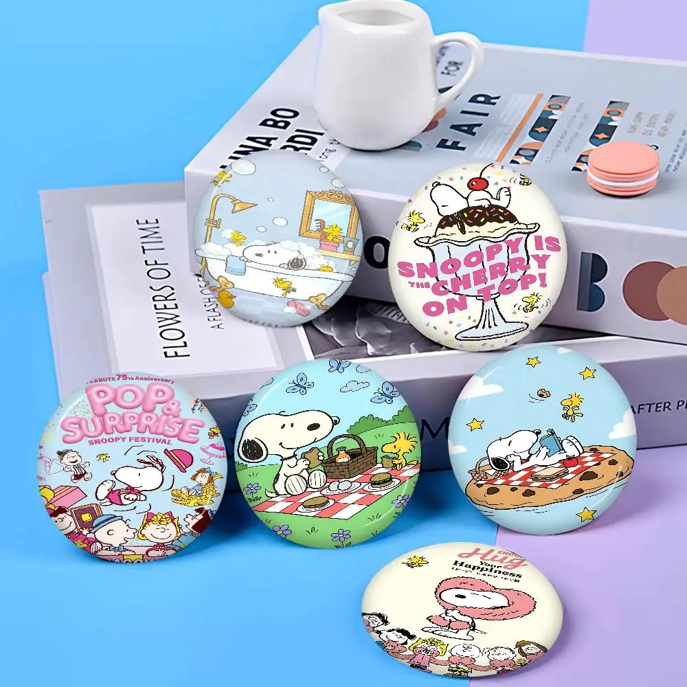 Cartoon Snoopy 58mm Cute Anime Figure Icon Badge Handmade Tinplate Brooch For Backpack Clothes Chest Ornament Gifts