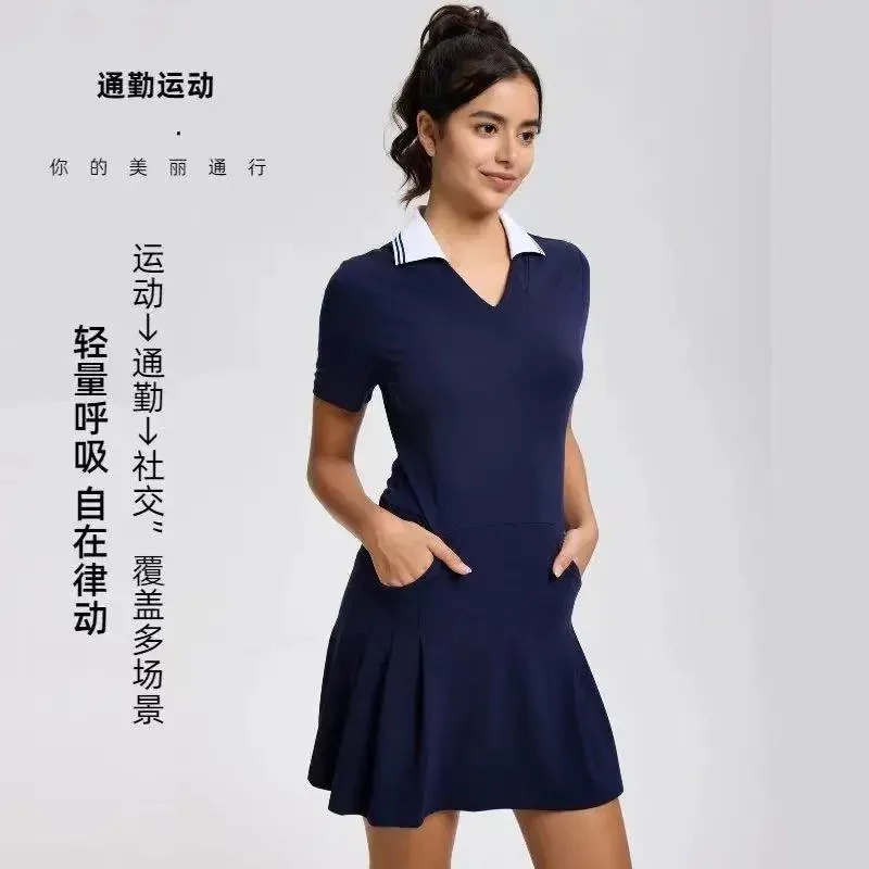 

Women's Golf Wear Polo Dress with Shorts Pocket Summer Tennis Sport Outfit Badminton Active Wear Casual Running Suit Dark Blue