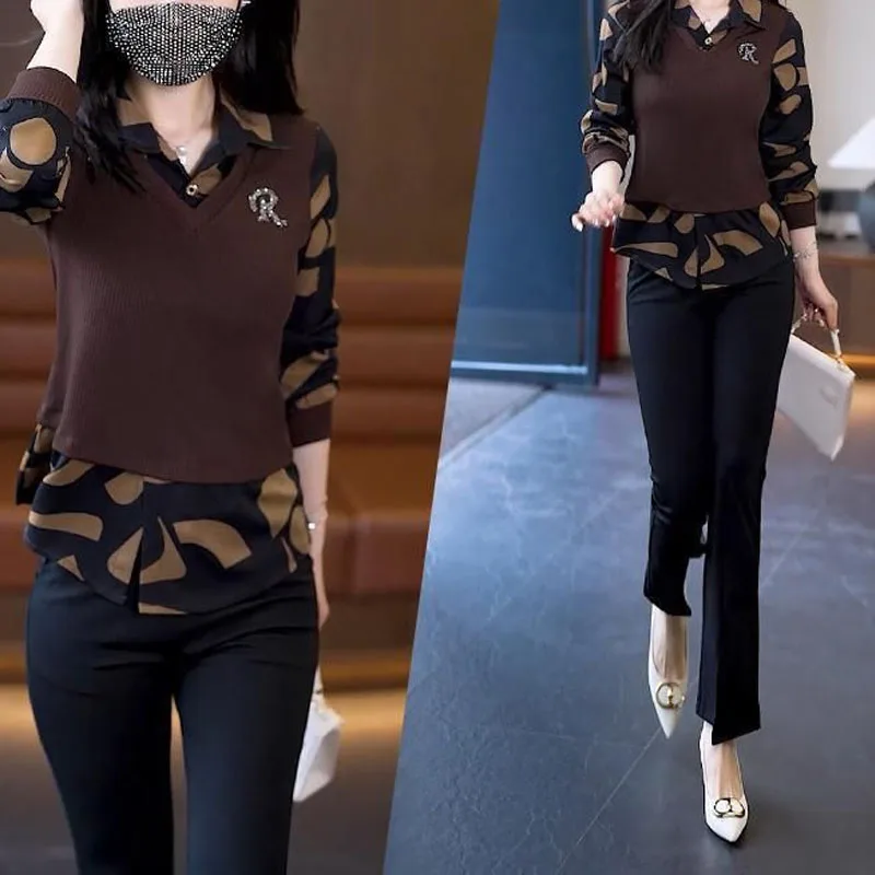 2024 Autumn New Women's Fake Two Pieces Blouse Square Collar Button Spliced Printed Elegant Slim All-match Long Sleeve Shirt Top