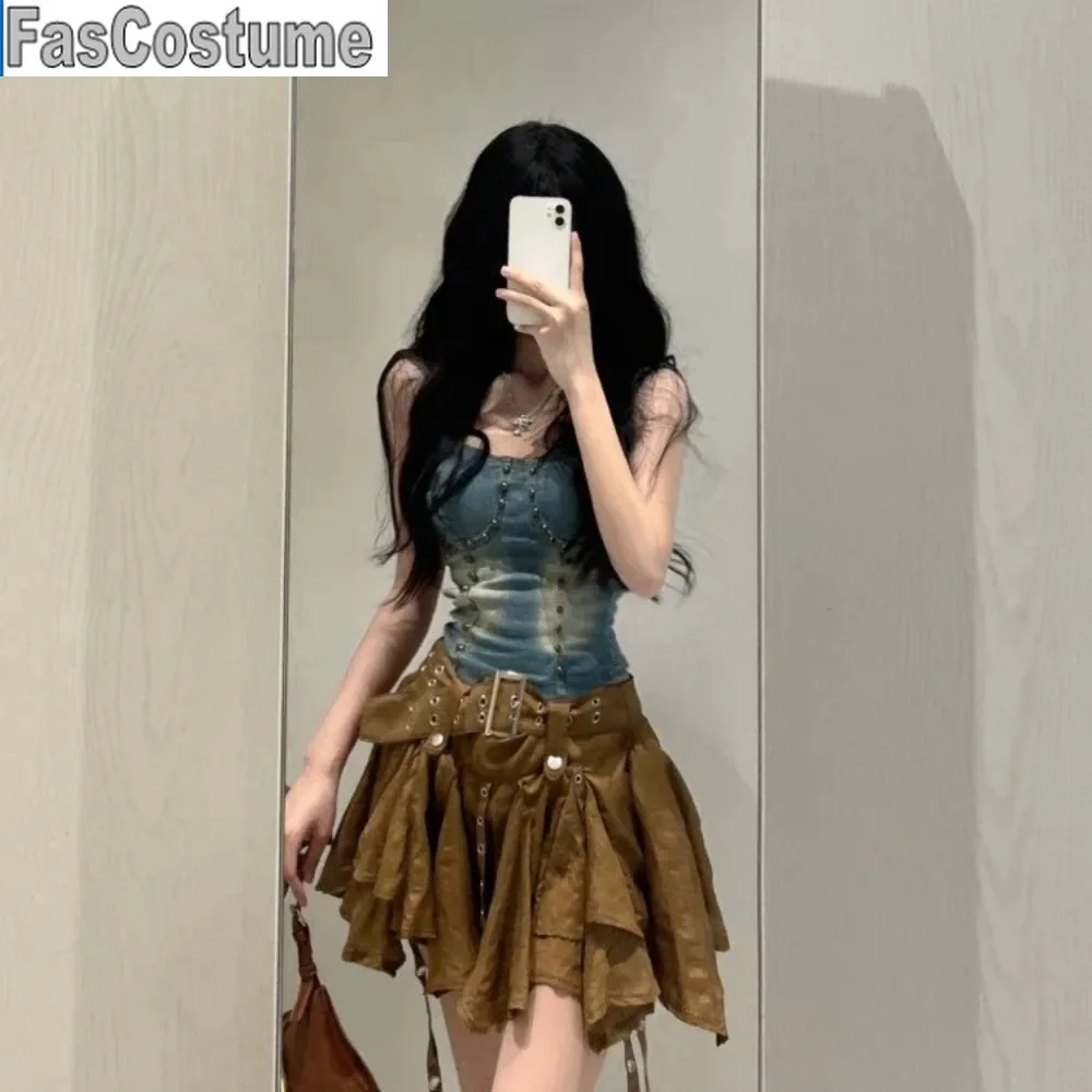 

FasCostumeFashion Heavy Slim Fit Denim CamisoleVest+ Y2k E-Girl High Waist Irregular Ruched Skirts2025 Spring New Two Sets