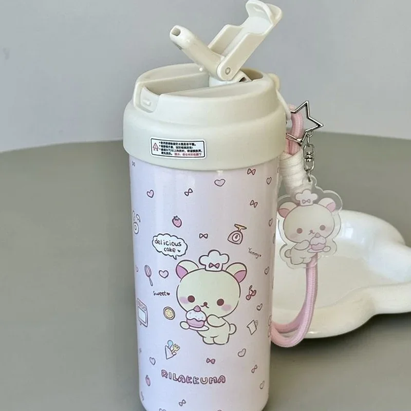 550ml Kawaii Rilakkuma Cartoon Print Thermos Cup Ice Cubes Sippy Water Cup Large Capacity Portable Lanyard Girls Birthday Gift