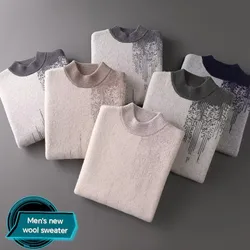 Jesienno-zimowy nowy sweter ze 100% wełny Męski sweter z wysokim dekoltem Gradientowy gruby sweter z blokami kolorów Sweter z dzianiny o dużej podstawie