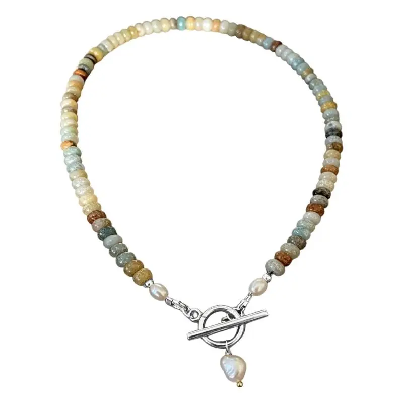 31BB Stylish Stainless Steel Chain Necklace Featuring Natural Stone Beads And Secure OT Clasp Elegant Clavicle Chain Adornment