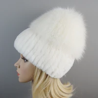 New Women Winter Luxury Real Rex Rabbit Fur Hat Knitted Rex Rabbit Fur Hat Top Natural Fox Fur Cap Genuine Fox Fur Beanies Hat - Image 2