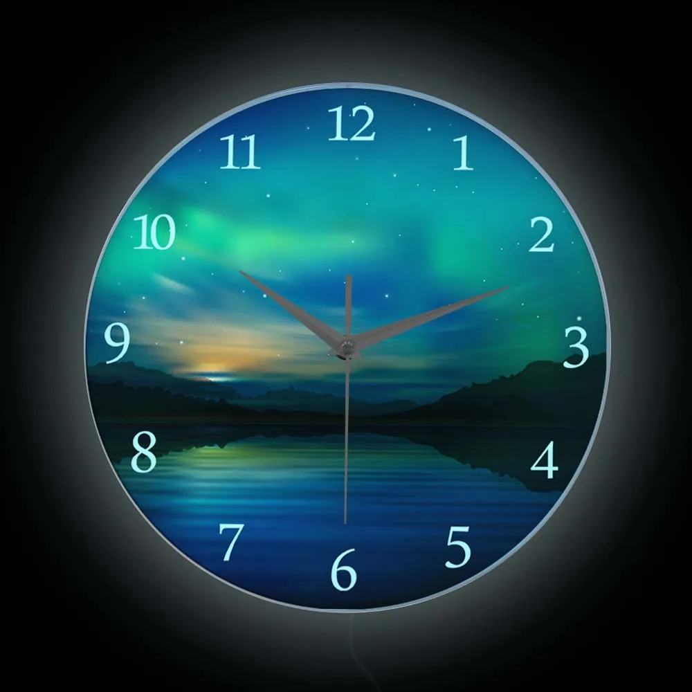 

Aurora Borealis Lake View LED Nightight Print Wall Clock For Living Room Mountain Nature Landscape Neon Sign Lighting Wall Clock