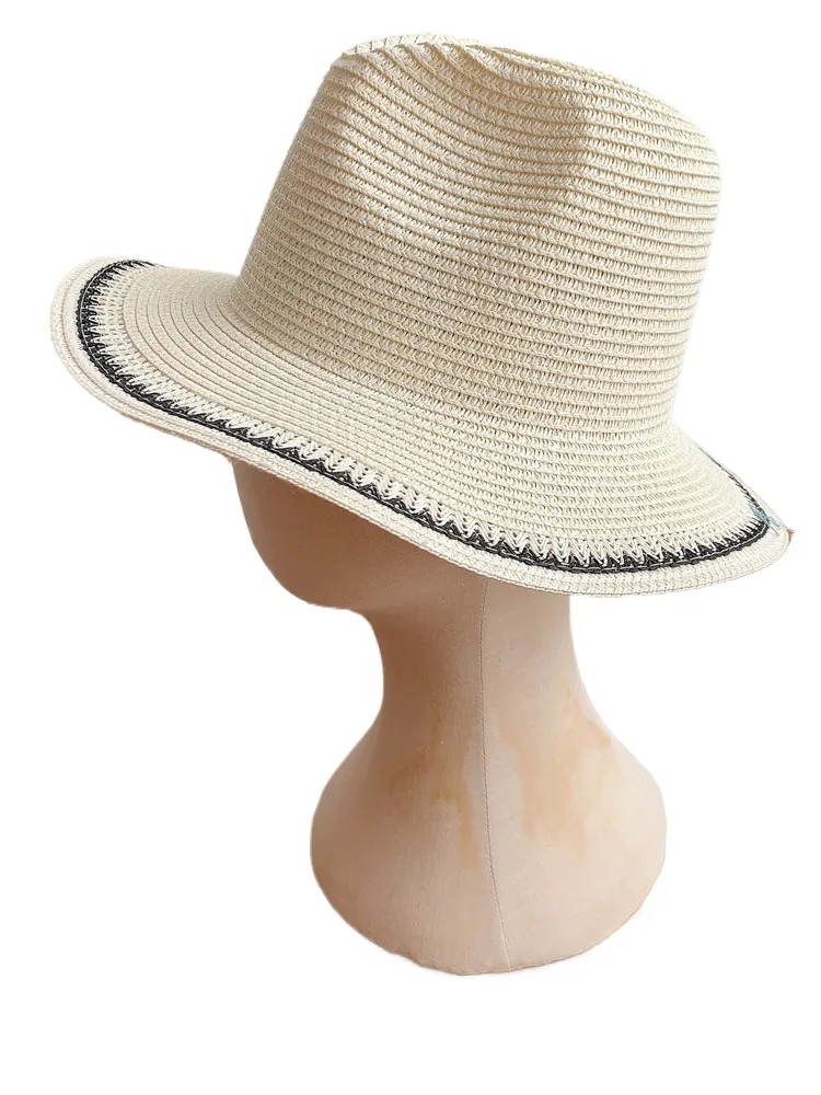 

South Korea Vacation Beach Travel Striped Weaving Hollow Flat Straw Hat Top Hat Female Summer Sun-proof Japanese Style Hat