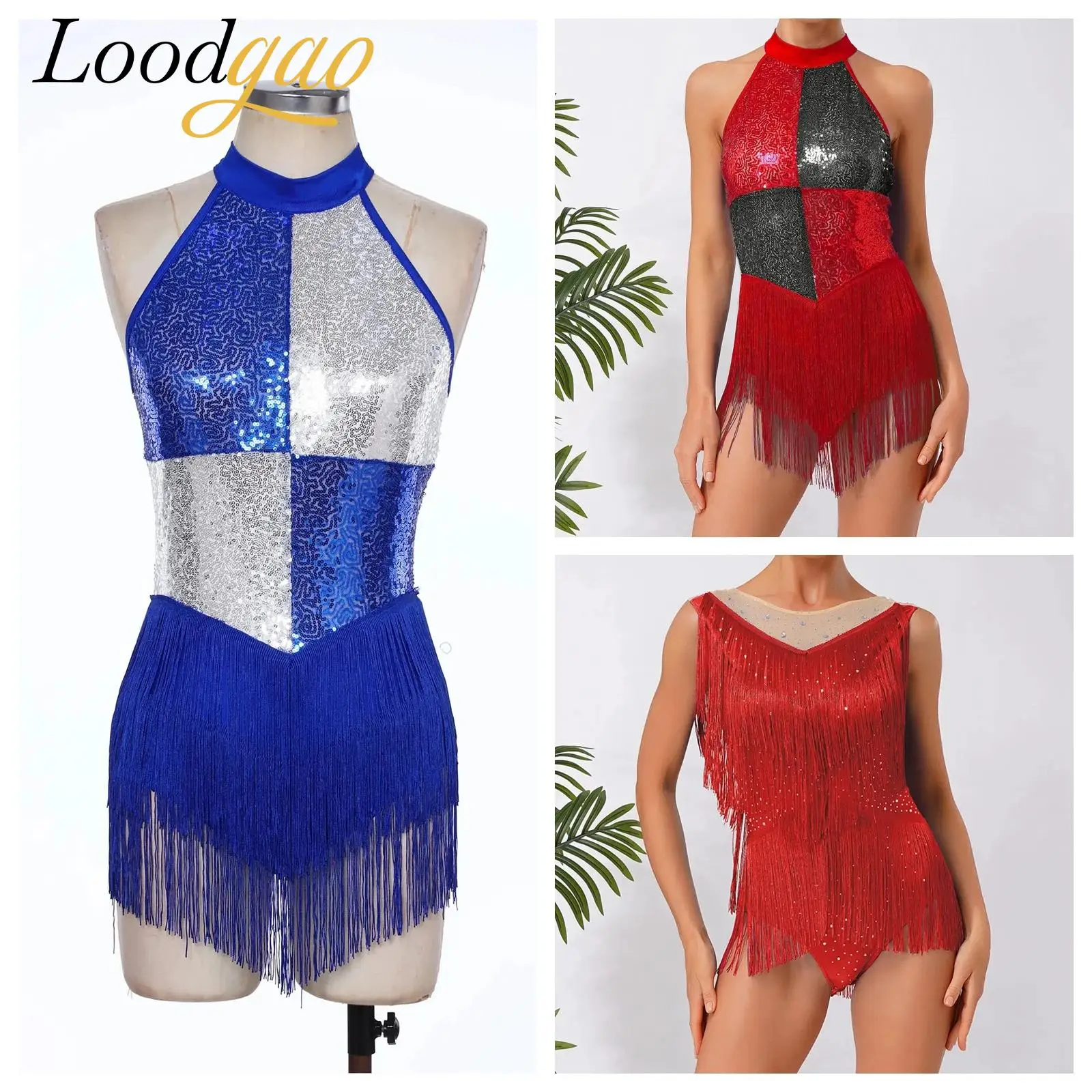 

Womens Girls Sequin Modern Hip Hop Jazz Dance Performance Costume Leotard Dress Sparkling Tassels Samba Salsa Latin Dancewear