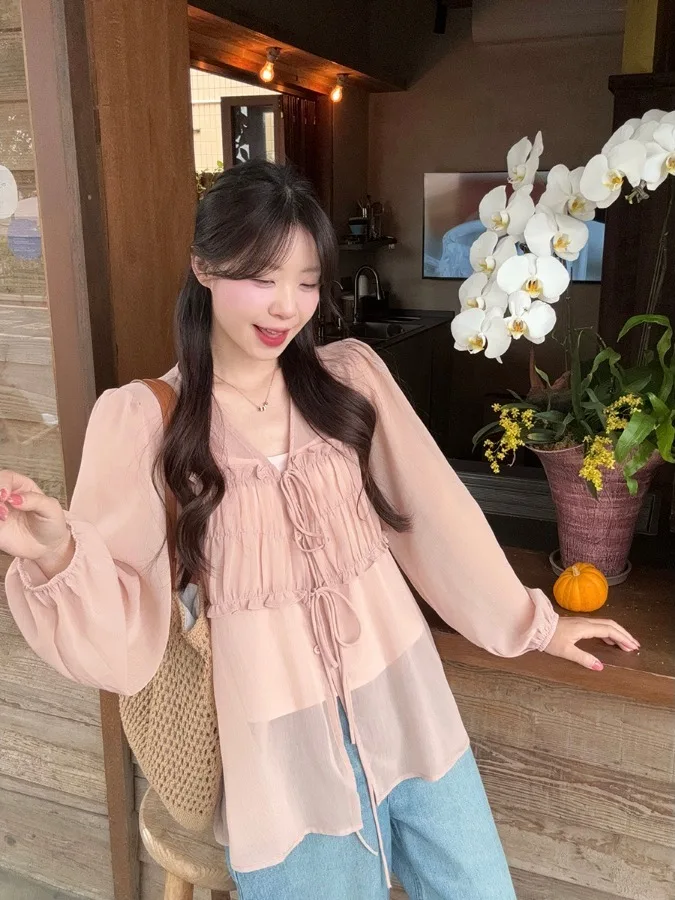 

plus Size Women's Shirt V-Neck Tied Waist Elegant Pleated Slimming Summer New Style Fashionable Top Korean Style Loose Fit