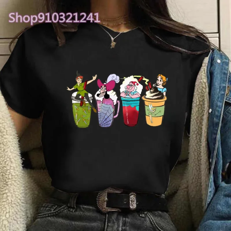 Women Cartoon Coffee T-shirt Alice in Wonderland Print Princess T-shirt Female Summer Tops Graphic Black T-shirt