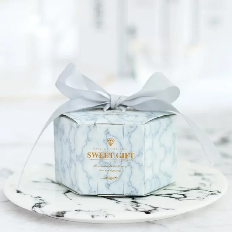 

Silver Marble Hexagon Style Candy Box Wedding Favors and Gifts Boxes Baby Shower Paper Gift Boxes for guests Party Supplies