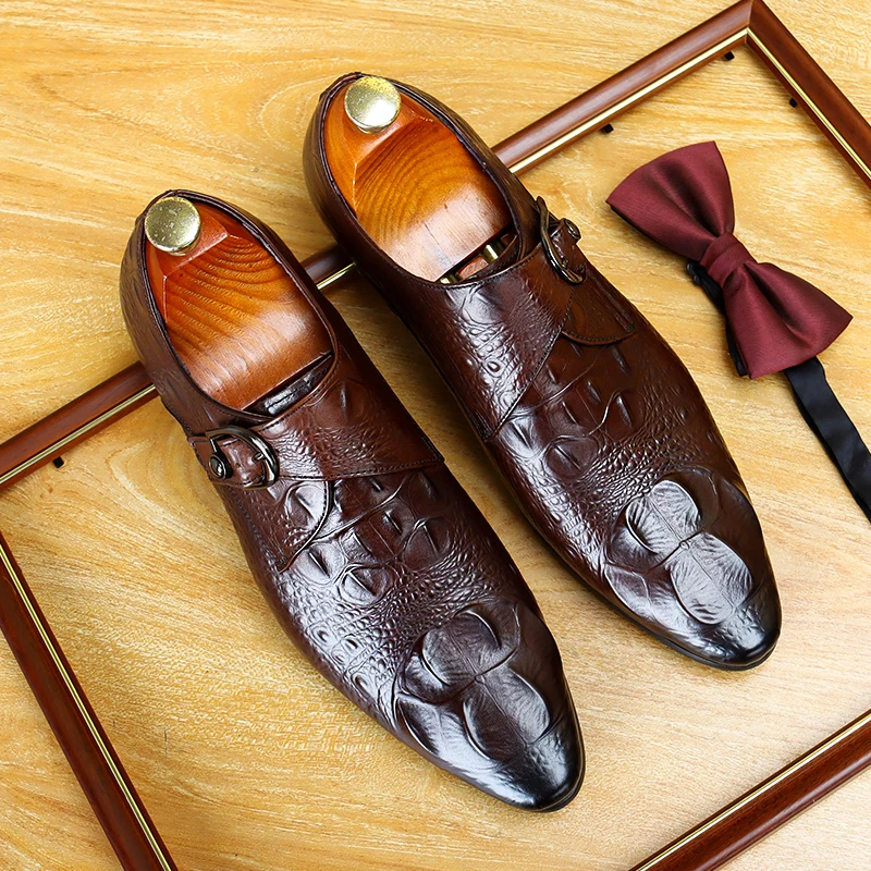 

Men Leather Shoes Crocodile Pattern Slip-On Shoes Genuine Leather Business Shoe Formal Leather Monk Strap Buckle Causual Loafers