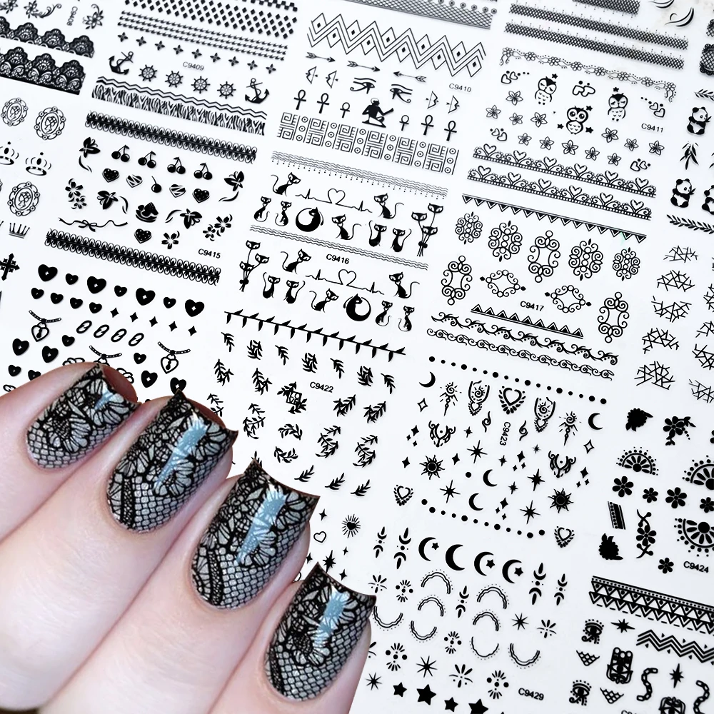 30pc Black Lace Flower Stripes Nail Stickers3D Sexy Hollow Black Lace Design Manicure Decals Self Adhesive Lace Slider For women