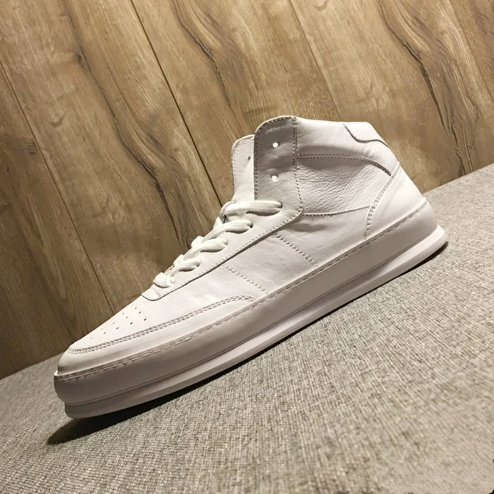 

Korean style Men High-top Cowhide Boots Spring Autumn Genuine leather White Breathable Sneakers Casual White Canvas Shoes Men