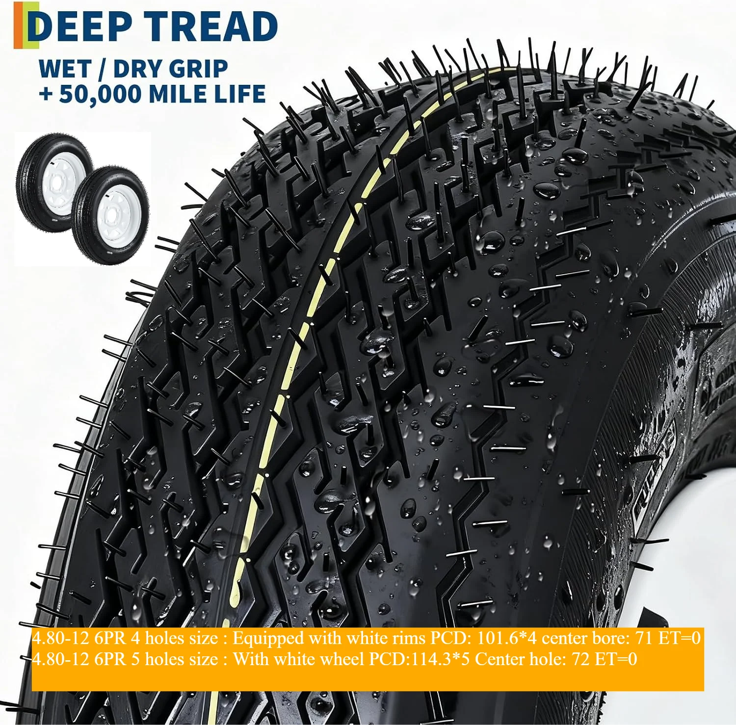 Garvee Heavy Duty Trailer Tires & Wheels Set 4.80-12 6PR 4 holes/5 holes  for Warehouse Cars Scooter Wheel Hand Truck Lawn Mower Dollies Wheelbarrow Utility Boat Camper Trailers  4.80-12, Load Range C, 6PR, 4 Lug 12" White Modular Rims