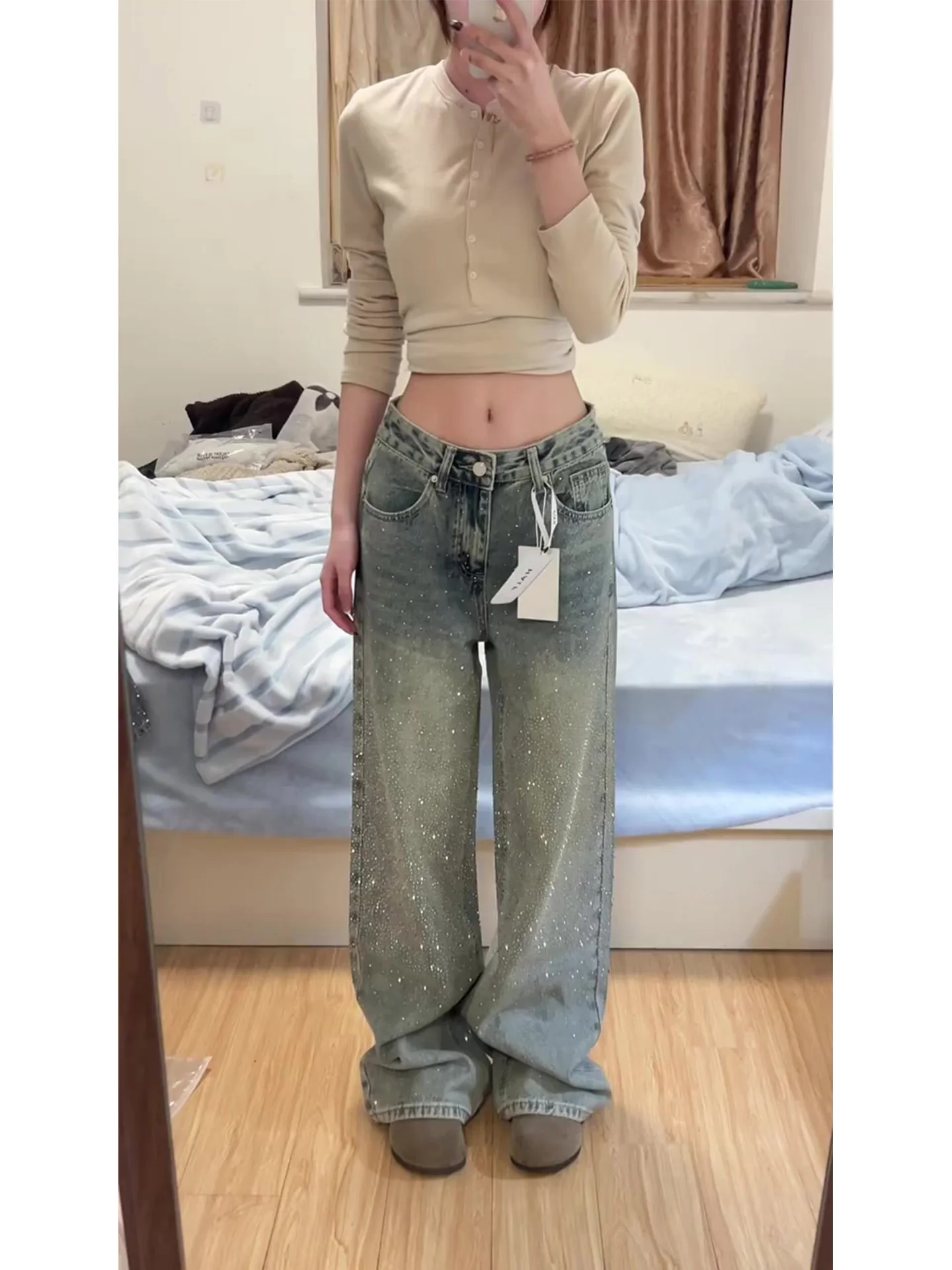 

High Waist Straight Leg Denim Jeans Women's Slimming Wide Leg Pants American Style Washed Vintage Summer New Arrival
