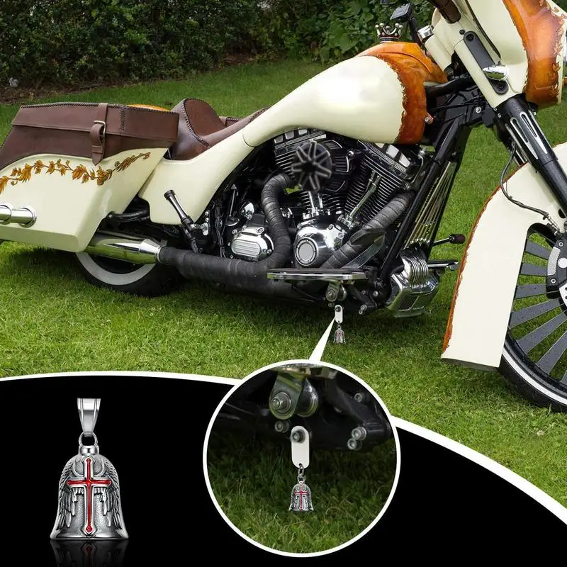 Biker Bell Pendant Engraved Red Cross Wings Motorcycle Bell Punk Guardian Bell Necklace Pendant For Men Lucky Amulet Jewelry